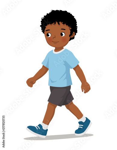 Little boy walking on the road isolated on white background
