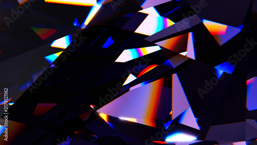 Abstract Black Purple Diamond Facets with Iridescent Rainbow Reflections, Dark faceted crystal with vivid rainbow refractions, dramatic highlights, and a luxurious abstract geometric texture.  