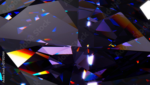 Abstract Black Purple Diamond Facets with Iridescent Rainbow Reflections, Dark faceted crystal with vivid rainbow refractions, dramatic highlights, and a luxurious abstract geometric texture.  