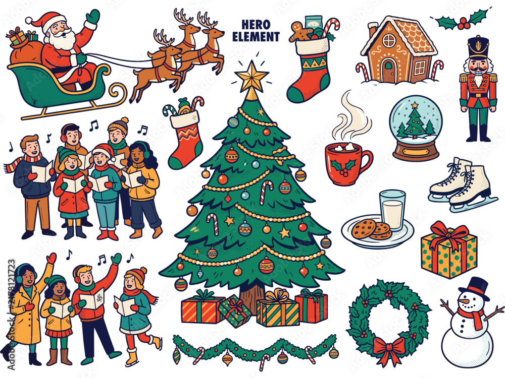 Fototapeta premium Hand-drawn Christmas elements set featuring Santa, decorated tree, snowman, and winter holiday icons for festive designs