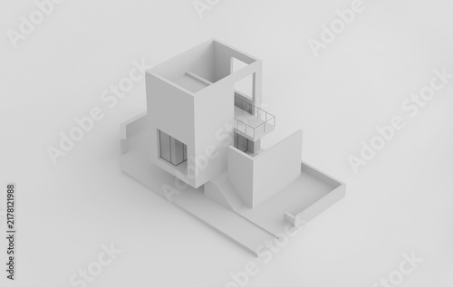 Minimalist 3D render of abstract conceptual house composed of stacked geometric volume and form. Monochrome visualization representing modern architecture. 3D Rendering.