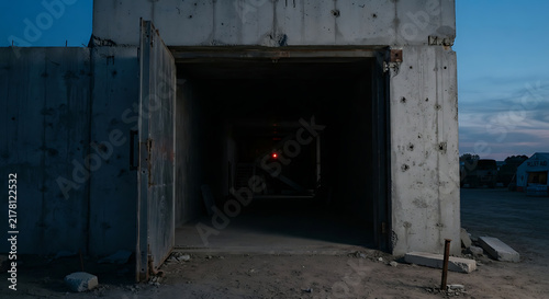 An empty concrete earthquake-simulation training structure, looking into the dark interior.