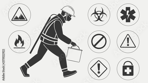Worker in Safety Gear Handling Hazardous Materials with Warning Symbols