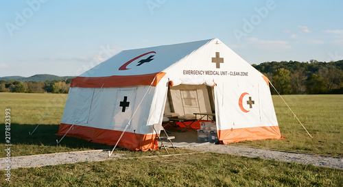 A clean, unoccupied emergency medical tent set up in a field.