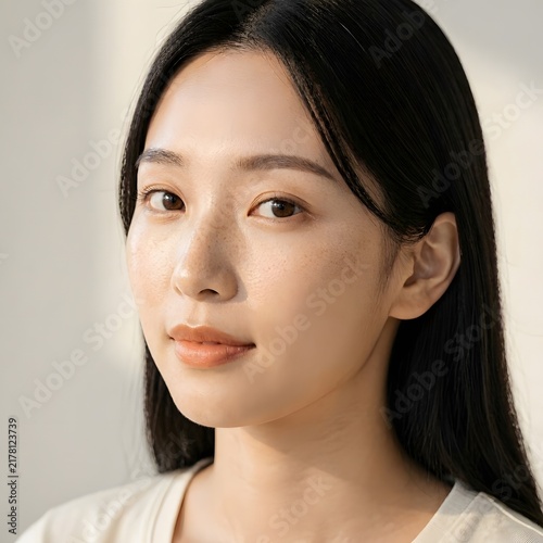 Young Japanese Woman With Natural Freckles and Radiant Skin. Asian skincare, beauty wellness concept