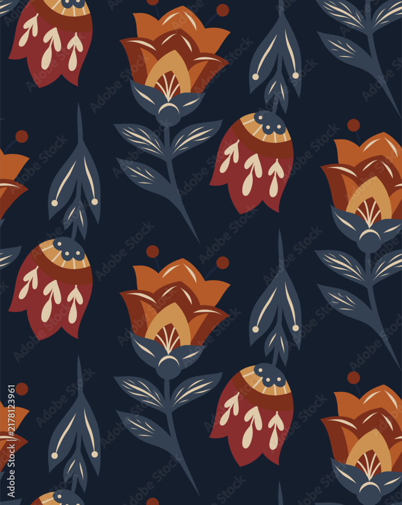 Obraz premium Vector decorative pattern with folk art flowers on dark background. Seamless texture with tracery wildflowers. Floral motif