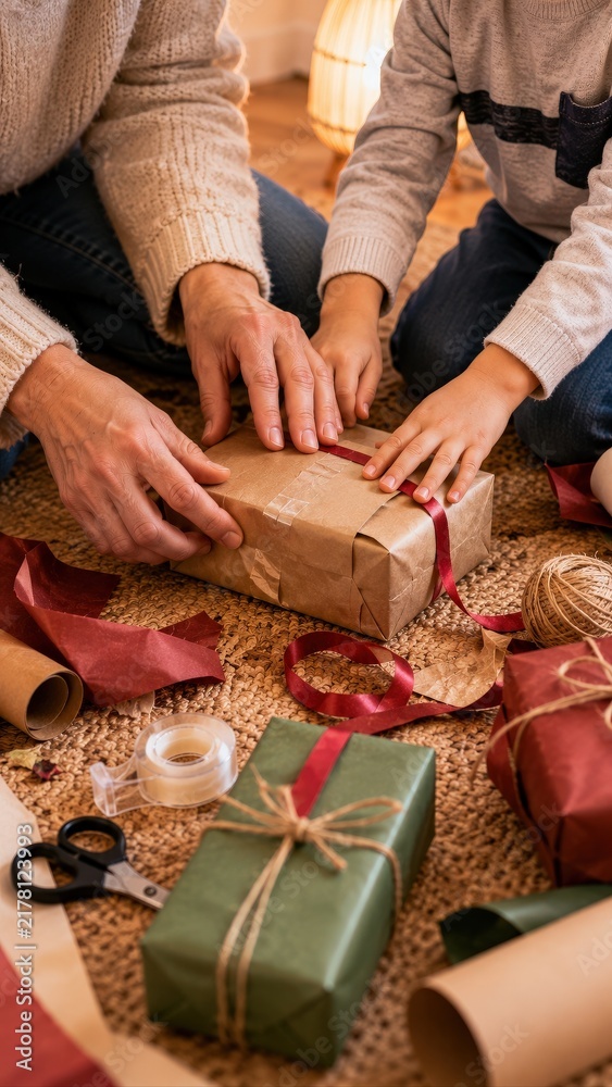 Obraz premium Adult and Child Wrapping Holiday Gifts Together on Floor