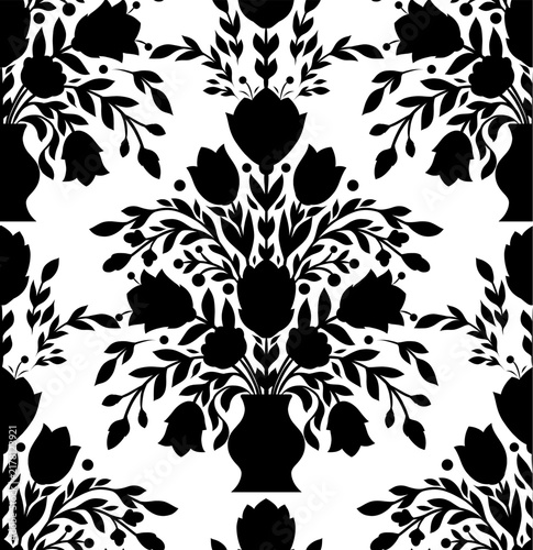 Vector seamless pattern with black silhouettes of flower bouquets in vases on a white background. Rococo texture with flowers and foliage