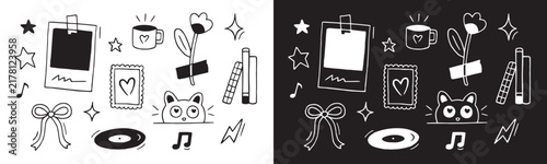 Zine aesthetic doodles indie analog diy culture black and white girly objects aesthetic naive style drawing line art. Vintage polaroid flower scotch tape music vinyl whimsical ink sketch sticker pack.
