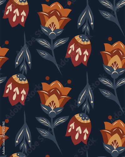 Vector decorative pattern with folk art flowers on dark background. Seamless texture with tracery wildflowers. Floral motif