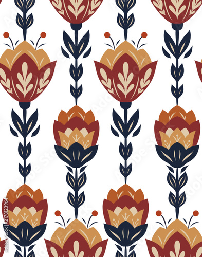 Vector decorative pattern with folk art flowers in a row on a white background. Rustic texture with wildflowers. Vertical floral motif