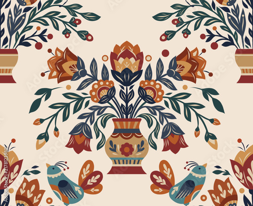 Vector decorative pattern with flowers in a vase in folk art style. Rococo texture with tracery floral ornament. Wildflowers backdrop