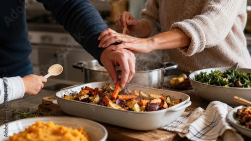 Child Reaching for Roasted Vegetable During Family Meal Prep