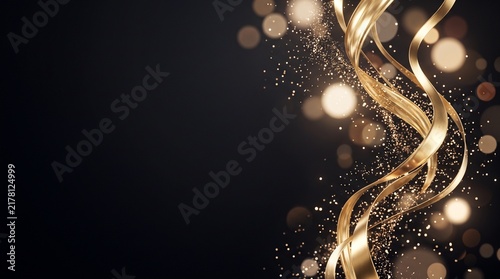 Golden ribbon swirls with glowing sparkles on dark background.