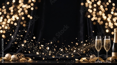 Champagne glasses with golden bokeh lights for festive celebration.