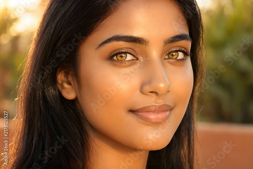 Young Indian Woman With Radiant Golden Brown Skin. Skincare, wellness and South Asian beauty concept