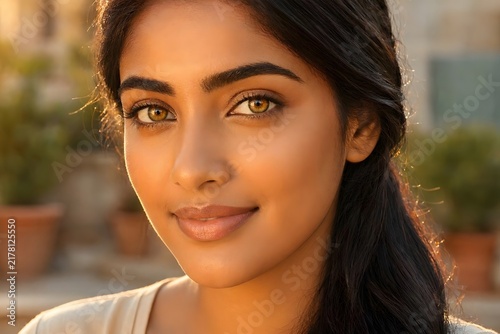 Young Indian Woman With Radiant Golden Brown Skin. Skincare, wellness and South Asian beauty concept