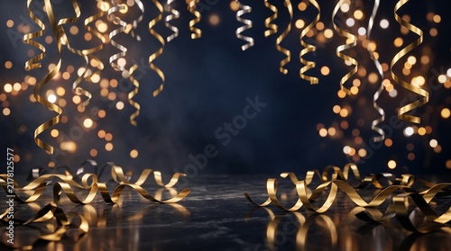Golden party streamers falling on dark festive holiday background.