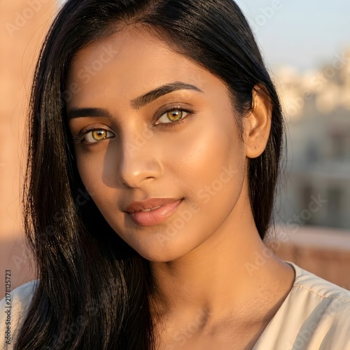 Young Indian Woman With Radiant Golden Brown Skin. Skincare, wellness and South Asian beauty concept