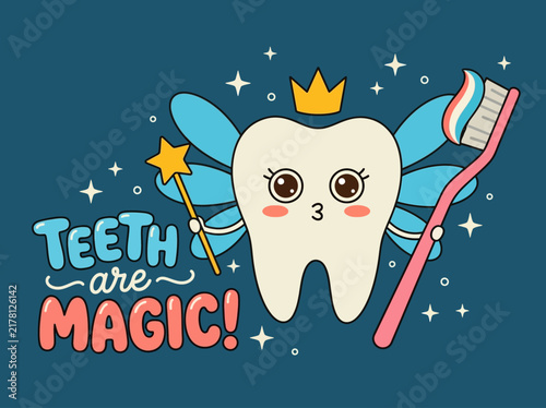Cute Tooth Fairy Cartoon with Magic Wand and Toothbrush - 'Teeth are Magic' Retro Dental Illustration