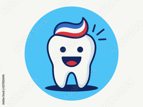 Happy Cartoon Tooth Character with Striped Toothpaste Mascot for Pediatric Dentistry and Oral Hygiene