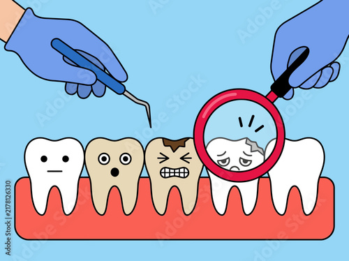 Cartoon Dental Examination with Damaged Teeth Characters and Professional Tools