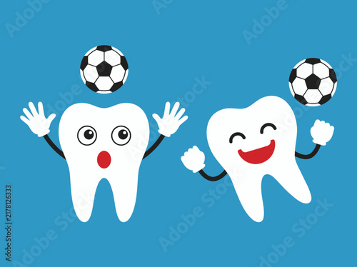 Cute Cartoon Teeth Playing Soccer Characters Dental Health Illustration