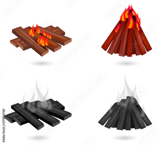 Quadro su tela Fire burning wooden logs in different arrangements on transparent background PNG