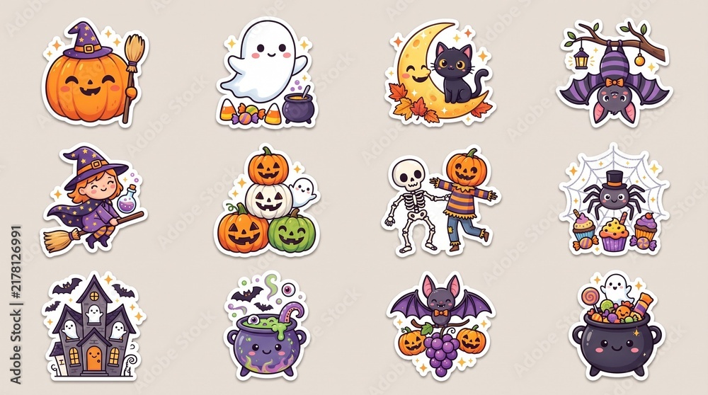 Fototapeta premium Set of cute Halloween stickers with pumpkins, ghosts, witches and spooky characters