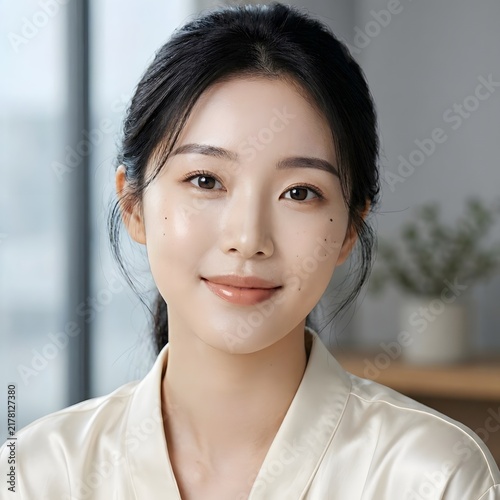 Young Korean Woman With Radiant Skin and Natural Beauty Marks. skincare concept.