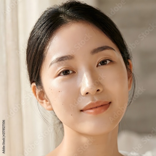 Young Korean Woman With Radiant Skin and Natural Beauty Marks. skincare concept.
