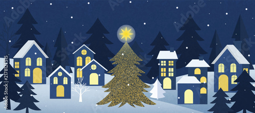 Christmas Night Winter background vector. Happy New Year season greeting with house, pine tree, reindeer and snowfall. Background design for invitation, cards, social post, cover, sale banner, ads.
