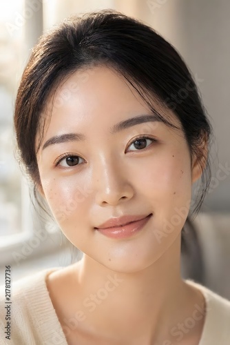 Young Korean Woman With Radiant Skin and Natural Beauty Marks. skincare concept.