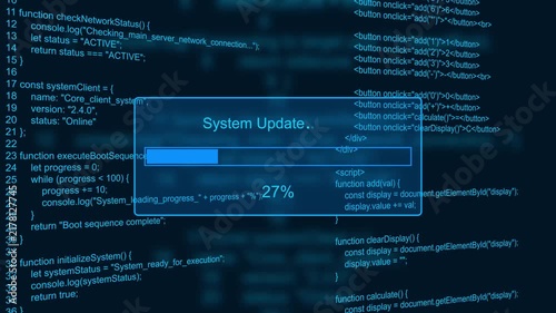 System update progress bar animation loop with percentage loading box on green glowing programming code background visual asset