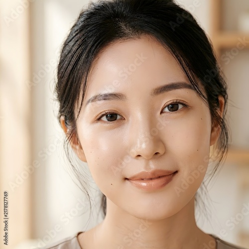 Young Korean Woman With Radiant Skin and Natural Beauty Marks. skincare concept.