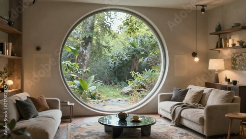 Modern Japandi living room interior featuring large circular window overlooking garden