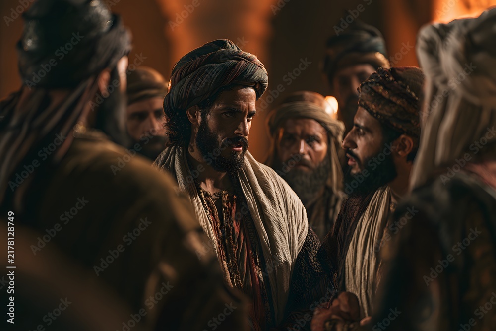 Fototapeta premium Group of men in traditional turbans and robes engaged in intense discussion