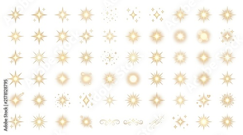 Golden sparkle star icons set, glowing yellow twinkle light effects, 60 decorative starburst elements on white background