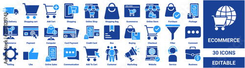 Ecommerce icon set. Collection of fast delivery, shopping cart, payment, credit card, checkout, marketing, and customer service icons. Editable vector collection
