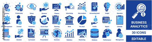 Business analytics icon set. Collection of data analysis, finance, statistics, database, vision, pie chart, and performance metrics icons. Editable vector collection