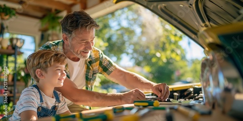 Father teaching his young son how to repair a car, working together under an open hood in a warm garage, representing family bonding, parenting, learning and hands-on skills.