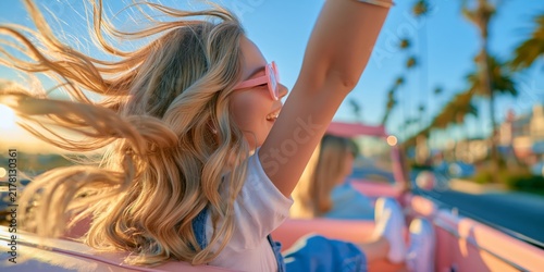 Happy teenage girl sitting in the back seat of a pink car on a sunny road trip, enjoying freedom, adventure and carefree summer travel with a joyful youthful lifestyle.