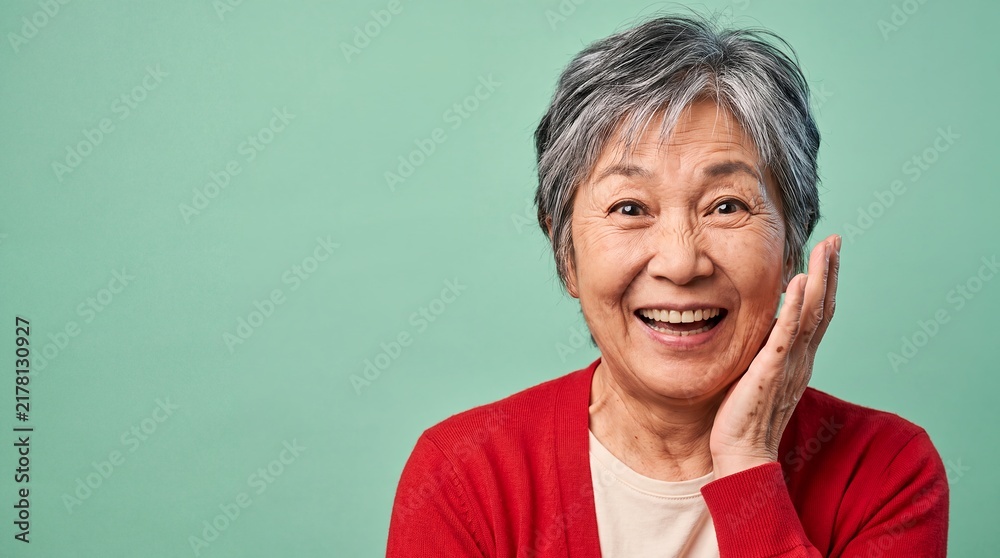 Fototapeta premium Older east asian woman surprised smile hand cheek mint solid An older East Asian woman touches her cheek with a bright surprised smile for senior lifestyle and delightful news campaigns