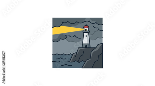 An illustrated lighthouse on a rocky cliff, casting a bright beam of light into a dark, stormy sky over a turbulent sea, in a flat design style.
