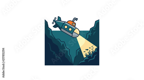 Cartoon illustration of a yellow submarine with a periscope exploring a dark underwater trench, illuminating small fish and coral with its headlight.