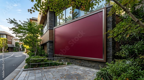 A large blank maroon billboard mounted on a stone wall exterior of a modern building near a quiet residential street with lush greenery