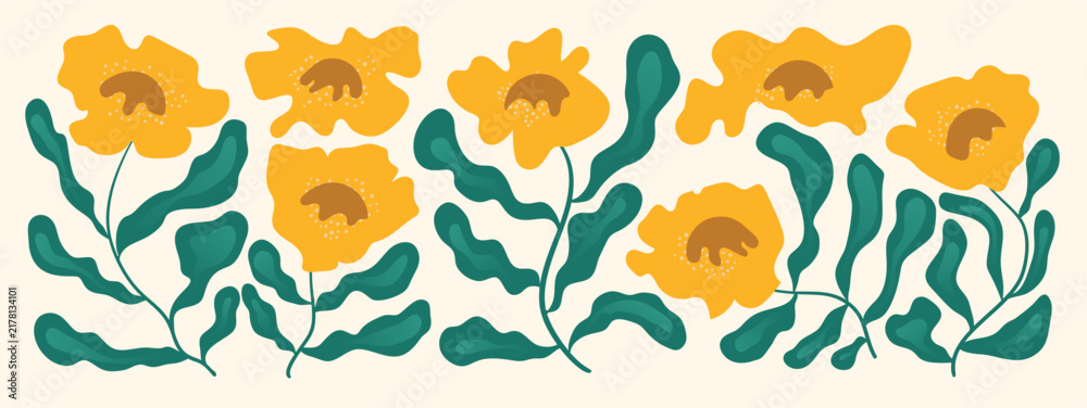 Obraz premium Folk floral vector border illustration. Yellow flowers with green wavy leaves on cream background for decorative banner, packaging, textile, greeting card and surface design
