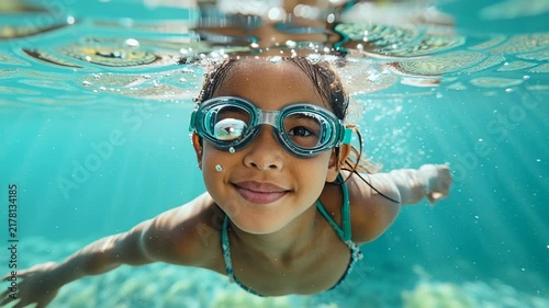 Tracking slow motion underwater shot of young girl swimming toward camera in sunlit clear pool during daytime summer play
