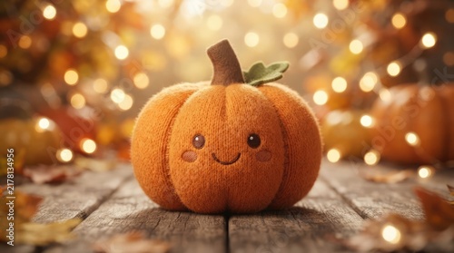 Adorable Felt Pumpkin Soft Toy With A Cheerful Face Resting On A Rustic Wooden Plank Surrounded By Warm Glowing Autumn Fairy Lights