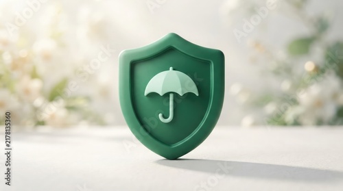 A 3D green shield icon with an umbrella symbol representing safety protection insurance and security concept on soft background